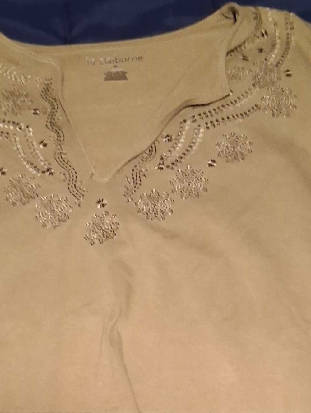 Liz Claiborne Olive Green Long Sleeve Tee with Embellished Neckline